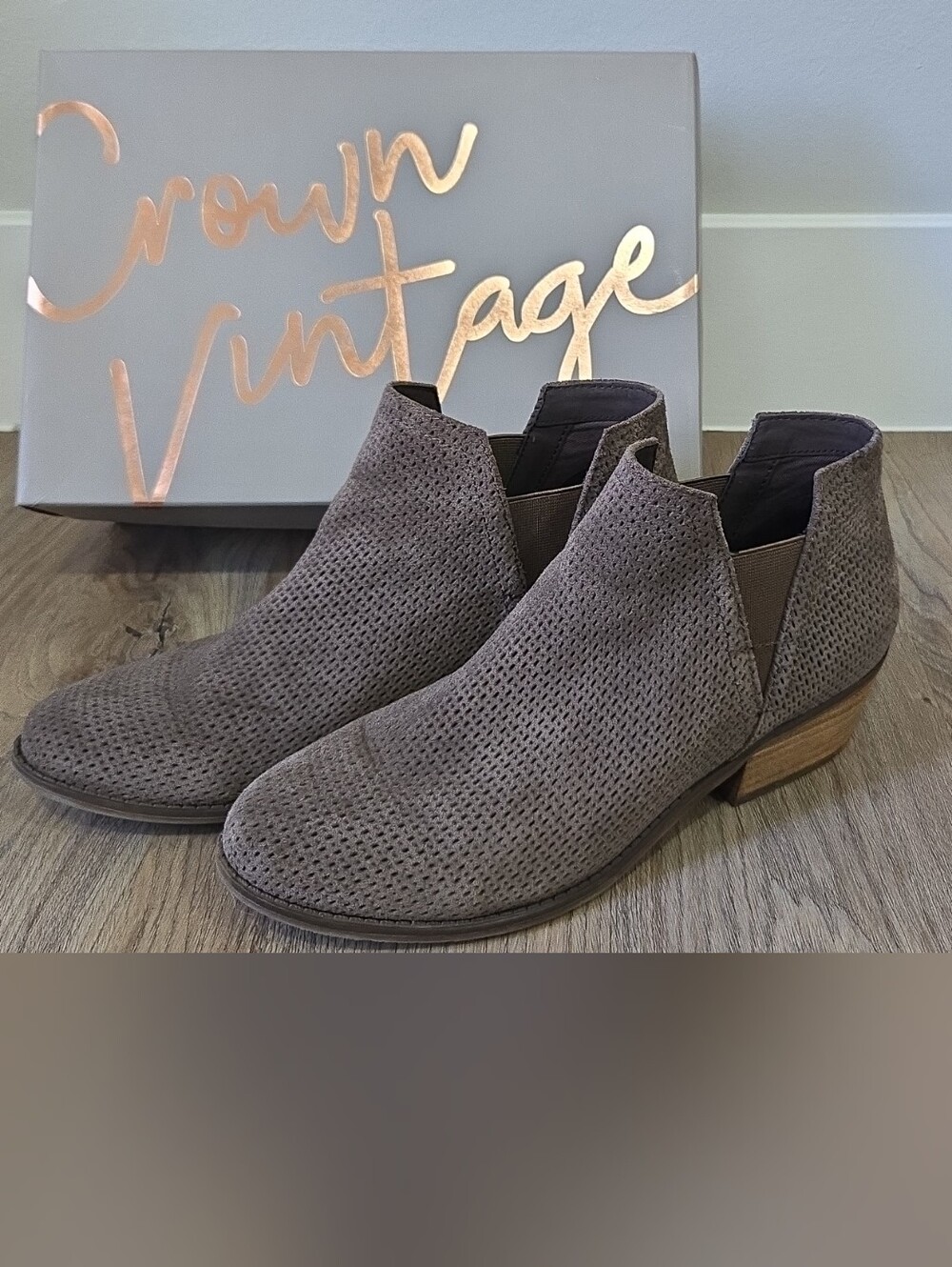 Crown Vintage Taupe Perforated Suede Chelsea Ankle Booties